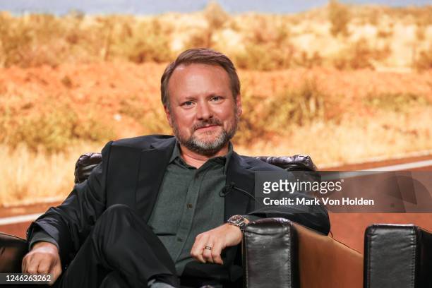 Rian Johnson speaks onstage during the "Poker Face" panel at the NBCUniversal presentations at the TCA Winter Press Tour held at The Langham,...