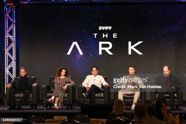 Dean Devlin, Christie Burke, Reece Ritchie, Richard Fleeshman, and Jonathan Glassner speak onstage during "The Ark" panel at the NBCUniversal...