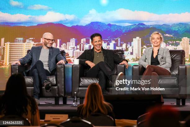 Eric Guggenheim, Jay Hernandez, and Perdita Weeks speak onstage during the "Magnum P.I." panel at the NBCUniversal presentations at the TCA Winter...