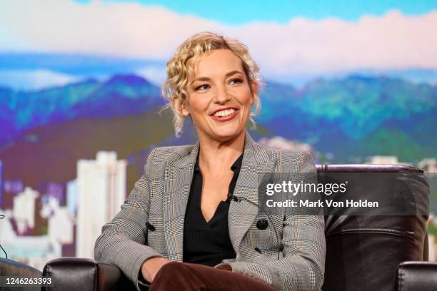 Perdita Weeks speaks onstage during the "Magnum P.I." panel at the NBCUniversal presentations at the TCA Winter Press Tour held at The Langham,...