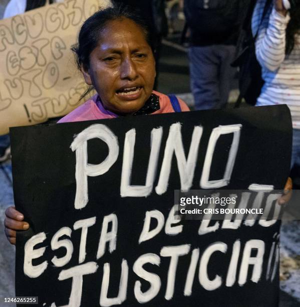 Woman holds a sign in support of the city of Puno during a march demandig the resignation of Peru's President Dina Boluarte and the closure of...