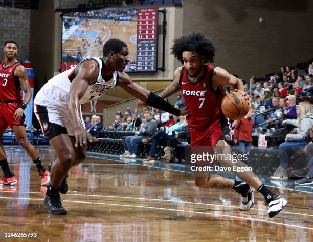 January 15: Justin Champagnie of the Sioux Falls Skyforce makes a move to the basket against Reggie Perry of the Raptors 905 at the Sanford Pentagon...