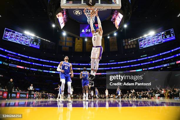 Russell Westbrook of the Los Angeles Lakers dunks the ball against the Philadelphia 76ers on January 15, 2023 at Crypto.Com Arena in Los Angeles,...