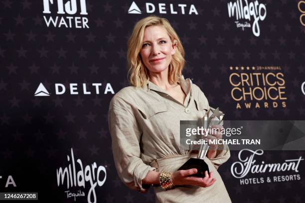 Australian actress Cate Blanchett pose in the press room with the Best Actress award for "Tar" during the 28th Annual Critics Choice Awards at the...
