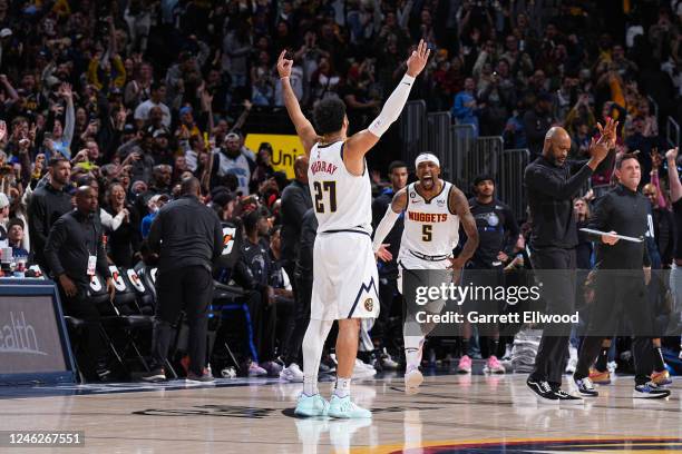 Jamal Murray of the Denver Nuggets celebrates a three point basket during the game against the Orlando Magic on January 15, 2023 at the Ball Arena in...