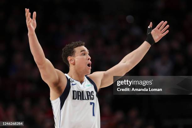 Dwight Powell of the Dallas Mavericks reacts after getting called for a foul during the second quarter against the Portland Trail Blazers at Moda...