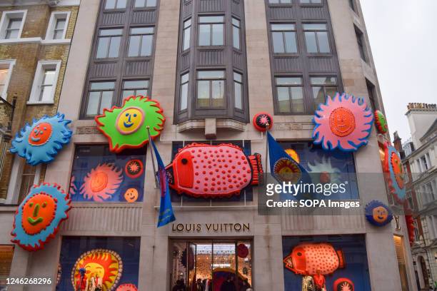 Artwork by Yayoi Kusama decorates Louis Vuittons flagship store on Bond Street as the fashion giant launches its collaboration with the renowned...
