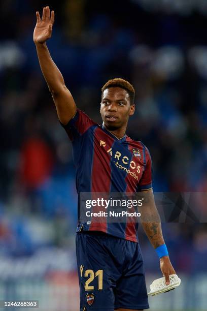 Charly Musonda Junior of Levante UD waves his hand to the crowd following his team's victory against Granada CF during the LaLiga Smartbank match...