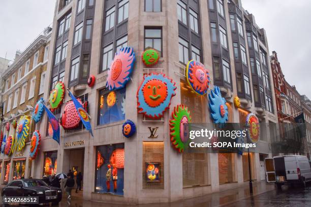 Artwork by Yayoi Kusama decorates Louis Vuittons flagship store on Bond Street as the fashion giant launches its collaboration with the renowned...
