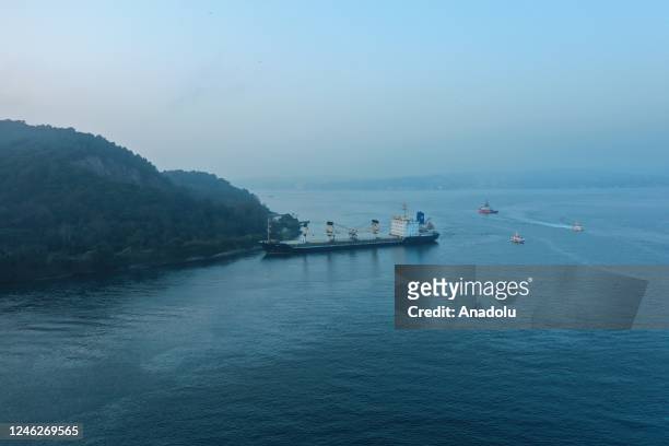An aerial view of the Bosphorus Strait after a cargo ship ran aground, in Istanbul, Turkiye on January 16, 2023.