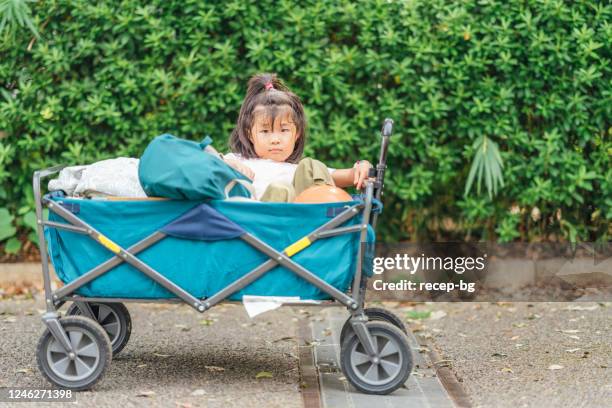 カートに座っている小さな女の子の肖像画 - トイワゴン ストックフォトと画像