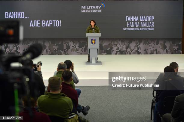 Deputy Minister of Defence of Ukraine Hanna Maliar is pictured during the weekly briefing of the representatives of Ukraines security and defence...