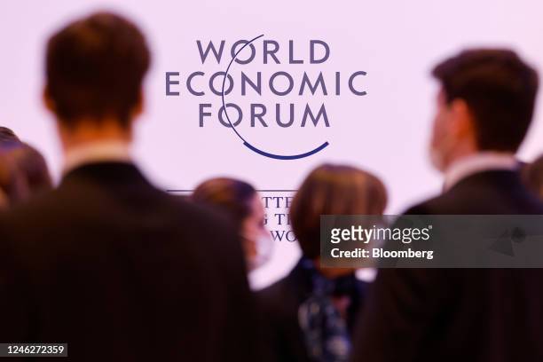 The logo the World Economic Forum inside the Congress Centre in Davos, Switzerland, on Monday, Jan. 16, 2023. The annual Davos gathering of political...