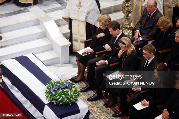 Greece's former Queen Anne Marie, former Crown Prince Pavlos and Princess Marie-Chantal attend the funeral service of former King of Greece...