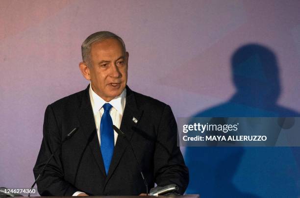 Israeli Prime Minister Benjamin Netanyahu speaks during the official appointment ceremony of the new army chief of staff Herzi Halevi in Jerusalem,...