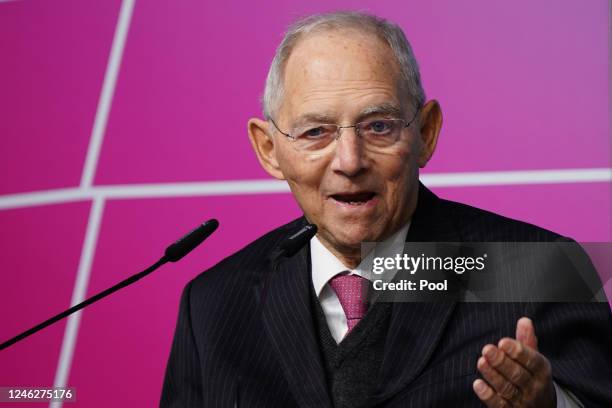 Former German Parliament Bundestag president Wolfgang Schaeuble speaks during a festive event on the occasion of Wolfgang Schäuble's 50th anniversary...