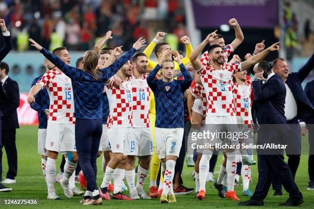 Croatia players celebrate after winning the FIFA World Cup Qatar 2022 3rd Place match between Croatia and Morocco at Khalifa International Stadium on...