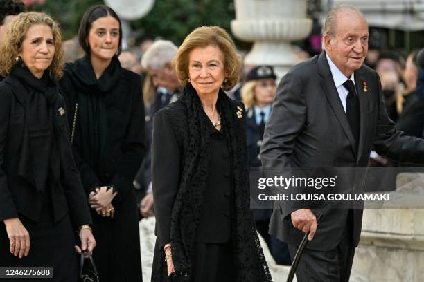 Former Spanish King Juan Carlos and former Queen Sofia arrive for the funeral service of former King of Greece Constantine II in the Metropolitan...