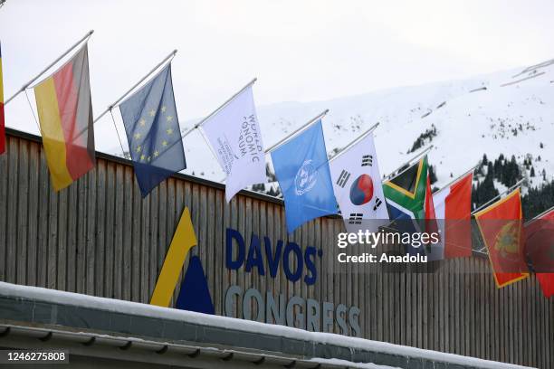 View of country flags as 53rd World Economic Forum , also known as Davos Summit starts in Davos, Switzerland on January 16, 2023. More than 2,700...