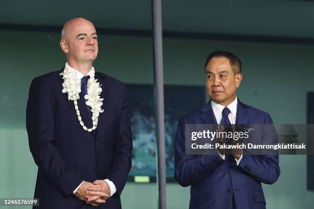 President Gianni Infantino and Thai FA President Pol Gen Somyot Pumpunmuang react prior to the AFF Mitsubishi Electric Cup final second leg match...