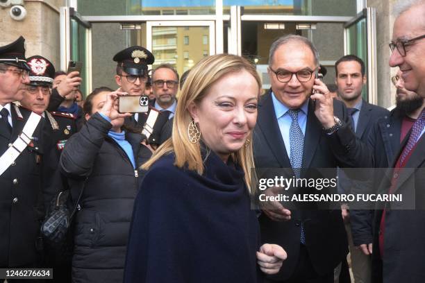 Italy's Prime minister Giorgia Meloni and Palermo prosecutor Maurizio De Lucia arrive in Palermo to meet police officers after the arrest of the...