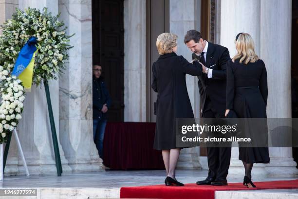 January 2023, Greece, Athen: Pavlos of Greece greets his mother, Anne-Marie, ex-Queen of Greece, who accompanied by his wife, Marie-Chantal of...