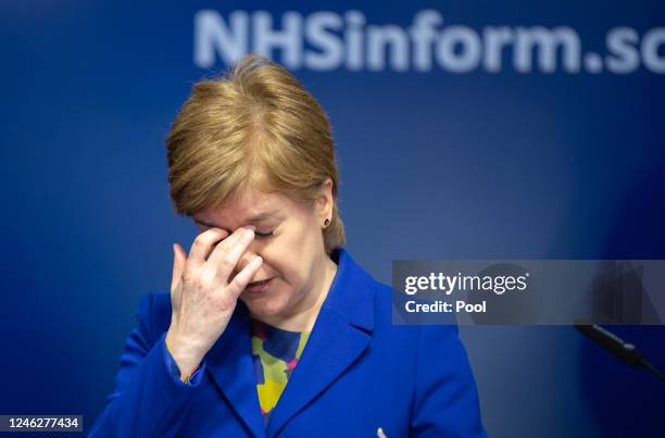 First Minister Nicola Sturgeon during a press conference on winter pressures in the NHS, at St Andrews House on January 16, 2023 in Edinburgh,...