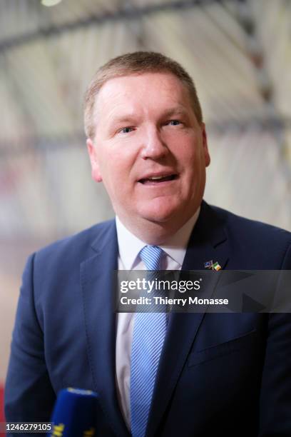 Irish Minister Minister for Finance Michael McGrath talks to media prior an Eurogroup Ministers meeting in the Europa, the EU Council headquarter on...