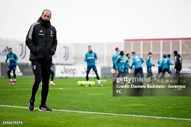 Massimiliano Allegri of Juventus during a training session at JTC on January 16, 2023 in Turin, Italy.