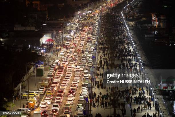 Cars queue in traffic in Iraq's southern city of Basra on January 15 during the Arabian Gulf Cup. - It is the first time Iraq hosts the regional...