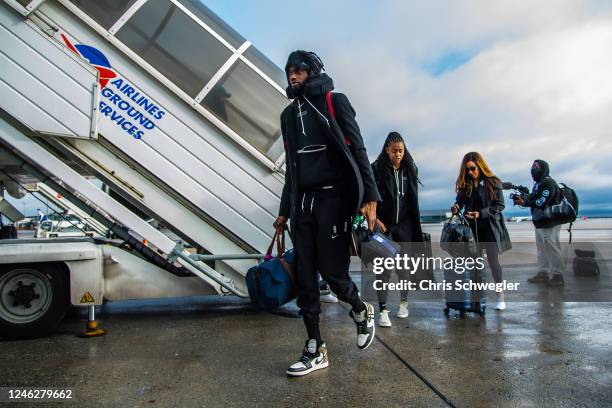 Nerlens Noel of the Detroit Pistons gets off the plane as they arrive in Paris as part of the 2023 NBA Paris Games on January 16, 2023 in Paris,...