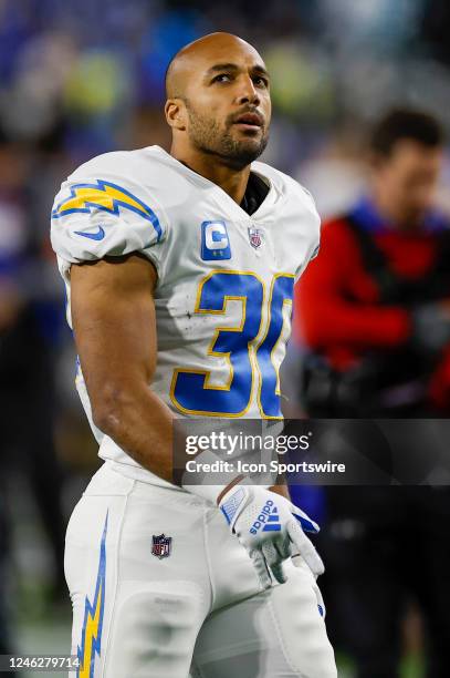 Los Angeles Chargers running back Austin Ekeler looks on during the game between the Los Angeles Chargers and the Jacksonville Jaguars on January 14,...