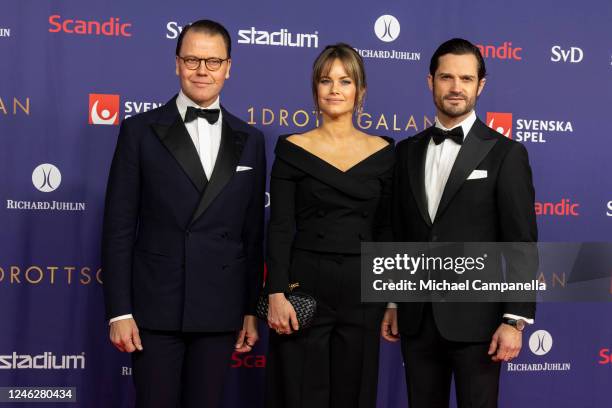 Prince Daniel, Princess Sofia, and Prince Carl Philip of Sweden attend the Idrottsgalan 2023, the Swedish Sports Gala, at Avicii Arena on January 16,...