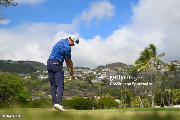 David Lipsky hits his tee shot on 14 during Rd4 of the Sony Open at Waialae Country Club on January 15, 2023 in Honolulu, Hawaii.