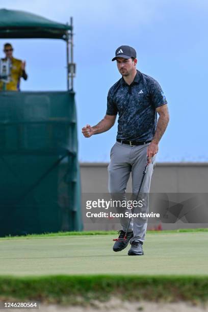 Nick Taylor reacts to sinking his birdie putt on 16 during Rd4 of the Sony Open at Waialae Country Club on January 15, 2023 in Honolulu, Hawaii.