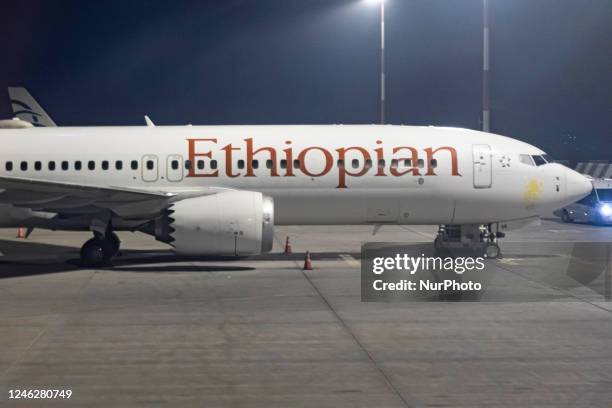 Ethiopian Airlines Boeing 737 MAX8 aircraft as seen parked on the tarmac during the night in Athens before crew and passengers are boarding for...