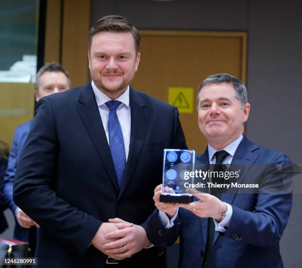 Croatian Minister of Finance Marko Primorac and the Irish Minister for Public Expenditure and Reform, President of the Eurogroup Paschal Donohoe pose...