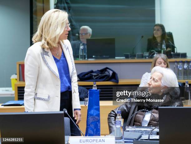 Dutch Minister of Finance, Sigrid Agnes Maria Kaag is talking with the President of the European Central Bank Christine Lagarde prior an Eurogroup...