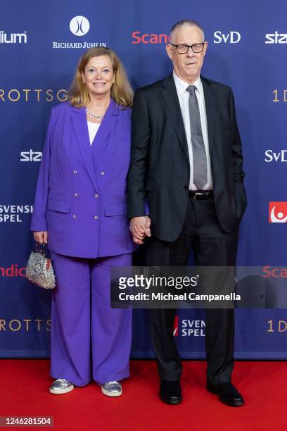 Lars Lagerback and guest attend the Idrottsgalan 2023, the Swedish Sports Gala, at Avicii Arena on January 16, 2023 in Stockholm, Sweden.