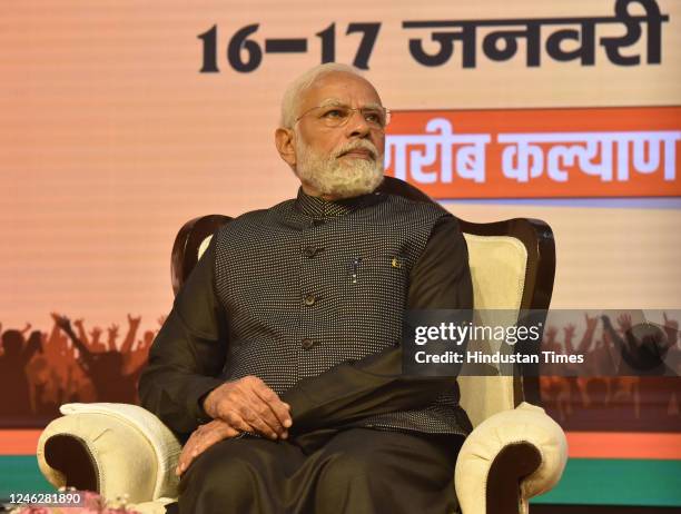 Prime Minister Narednra Modi during the BJP National Executive meeting at NDMC Center on January 16, 2023 in New Delhi, India. The two-day meeting...