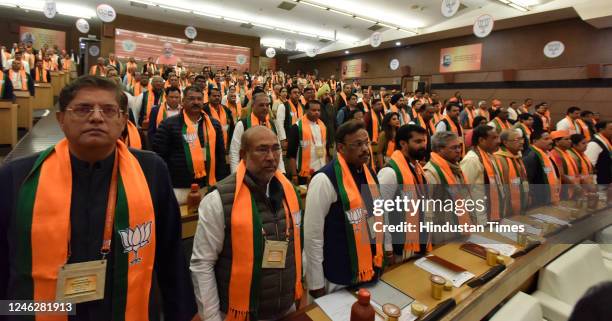 Executive members during the BJP National Executive meeting at NDMC Center on January 16, 2023 in New Delhi, India. The two-day meeting will discuss...