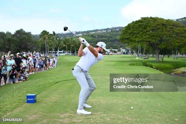 Hayden Buckley tees off on the 12th hole during the final round of the Sony Open in Hawaii at Waialae Country Club on January 15, 2023 in Honolulu,...