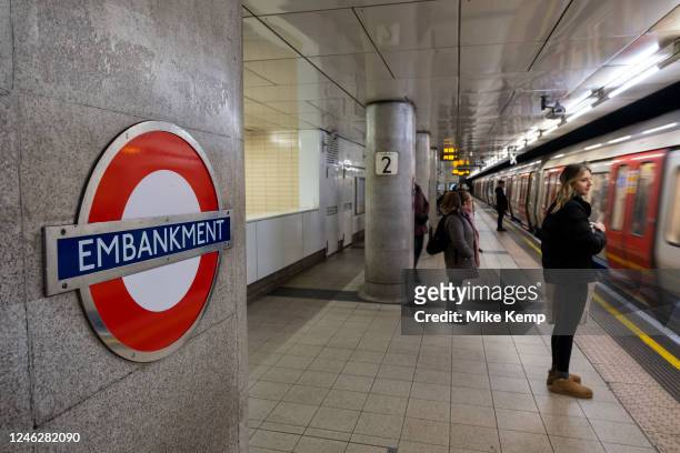 Train approaches Embankment London Underground station as commuters wait on the platform on 9th January 2023 in London, United Kingdom. The London...
