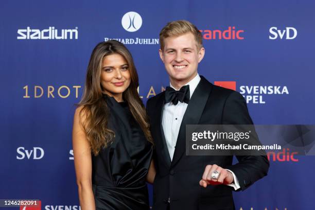 Marcus Ericsson and guest attend the Idrottsgalan 2023, the Swedish Sports Gala, at Avicii Arena on January 16, 2023 in Stockholm, Sweden.