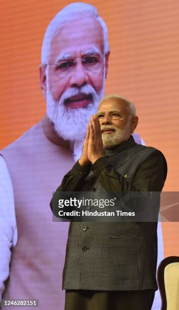 Prime Minister Narednra Modi during the BJP National Executive meeting at NDMC Center on January 16, 2023 in New Delhi, India. The two-day meeting...