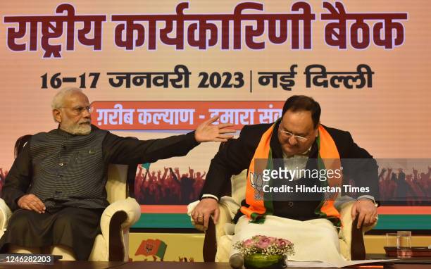 Prime Minister Narendra Modi, and BJP President JP Nadda during the BJP National Executive meeting at NDMC Center on January 16, 2023 in New Delhi,...