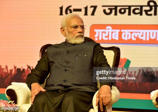 Prime Minister Narendra Modi, during the BJP National Executive meeting at NDMC Center on January 16, 2023 in New Delhi, India. The two-day meeting...