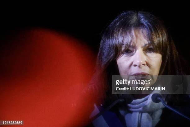 Paris Mayor Anne Hidalgo delivers a speech on the Trocadero Esplanade during an event to display the slogan "Woman. Life. Freedom." on the Eiffel...