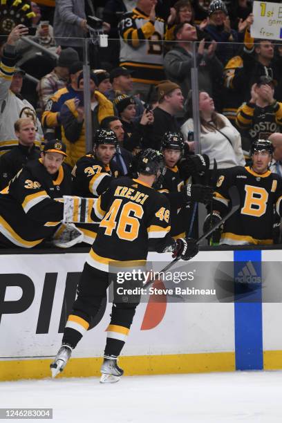 David Krejci of the Boston Bruins celebrates the second period goal against the Philadelphia Flyers at the TD Garden on January 16, 2023 in Boston,...