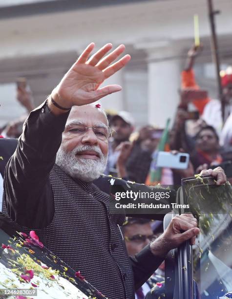 Prime Minister Narendra Modi during a roadshow ahead of the BJP national executive meet on January 16, 2023 in New Delhi, India.